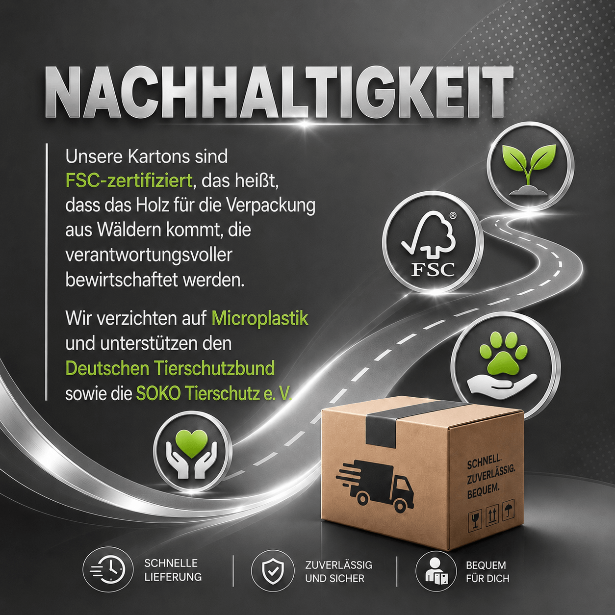 Nachhaltigkeit - kein Microplastik, zertifizierte Kartons, Tierschutz